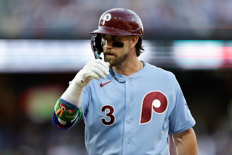 Phillies first baseman Bryce Harper after flying out against the New York Mets on Thursday, June 18, 2026 in Philadelphia.