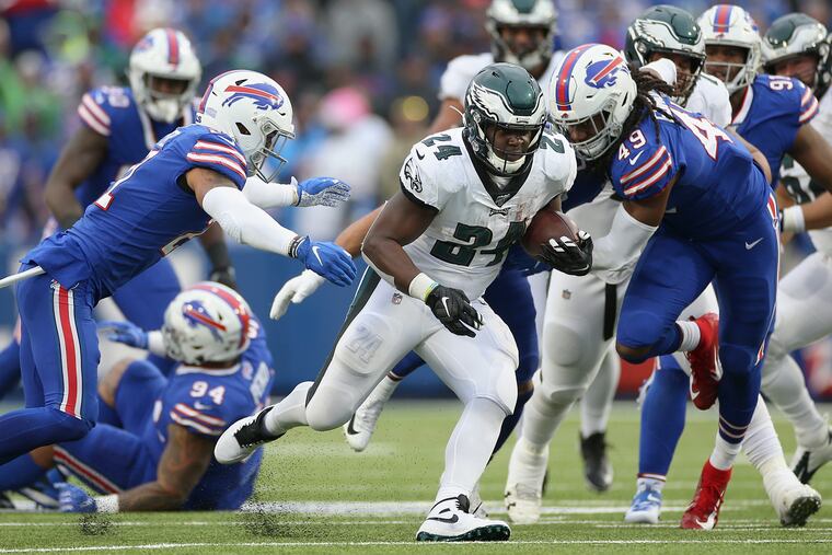 Eagles running back Jordan Howard (24) had 96 of the Eagles' season-high 218 rushing yards in Sunday's 31-13 win over the Bills.