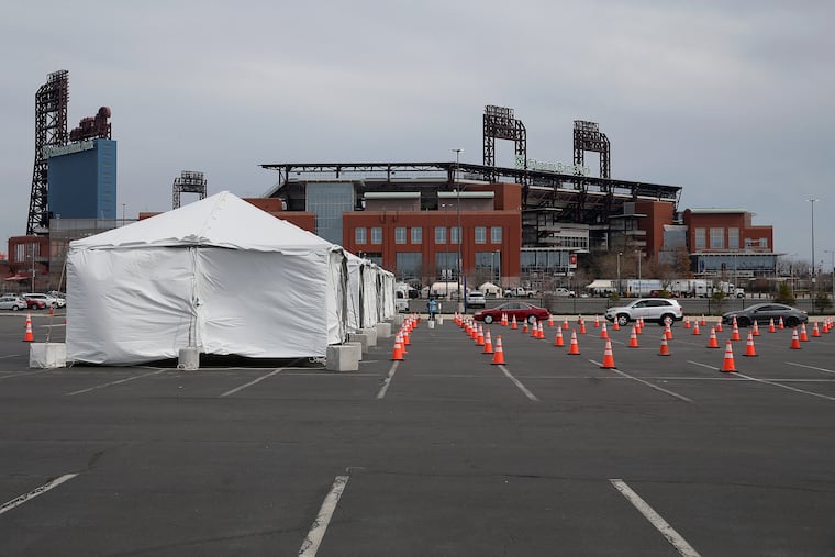 One of Philadephia's coronavirus drive-through testing sites, next to Citizens Bank Park.