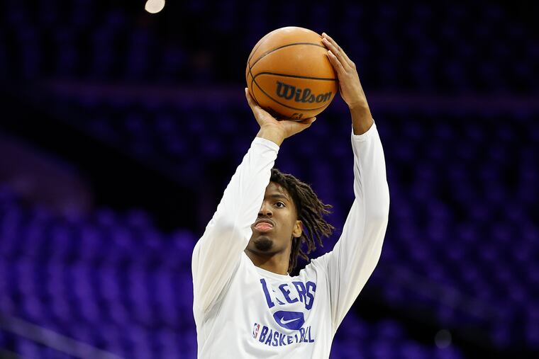 Sixers guard Tyrese Maxey shoots the basketball during warm-ups before the Sixers play the Toronto Raptors in game two of the Eastern Conference quarterfinals playoffs on Monday, April 18, 2022 in Philadelphia.