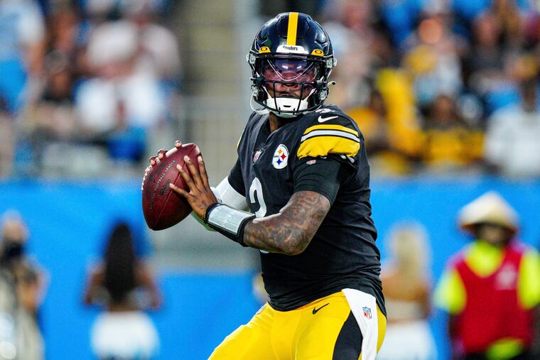 Pittsburgh Steelers quarterback Dwayne Haskins plays against the Carolina Panthers during the first half of a preseason NFL football game Friday, Aug. 27, 2021, in Charlotte, N.C.