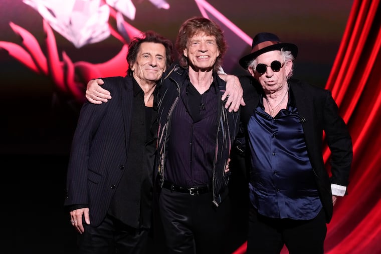 Ronnie Wood, from left, Mick Jagger, and Keith Richards pose for photographers at the press conference for the launch of the new Rolling Stones album 'Hackney Diamonds' on Wednesday, Sept. 6, 2023 in London. the Stones new song is "Angry." (Scott Garfitt/Invision/AP)