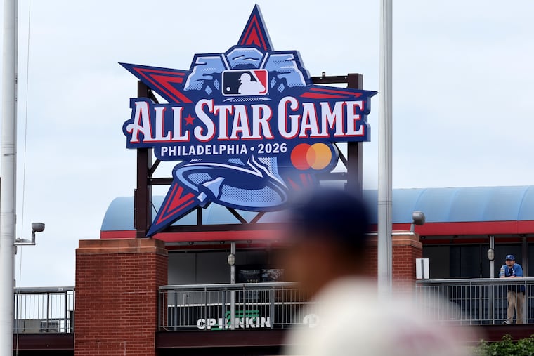 The new 2026 All-Star Game logo is seen in center field during the Phillies-Angels game on Sunday.