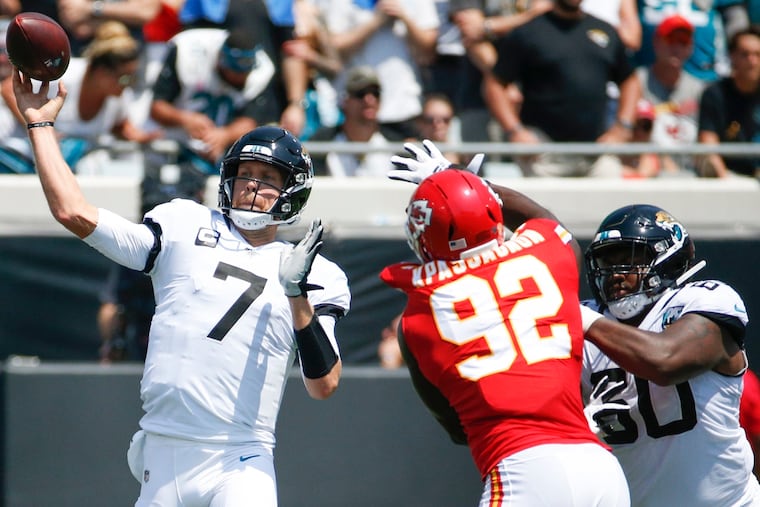 Defensive end Tanoh Kpassagnon pressures quarterback Nick Foles during the Chiefs' Week 1 opener against Jacksonville on Sept. 8, 2019.
