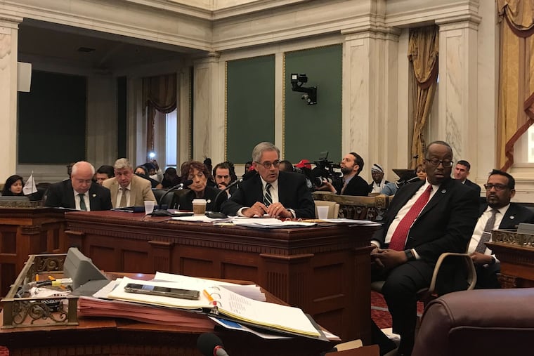 Philadelphia District Attorney Larry Krasner testifies before City Council on April 24, 2019.