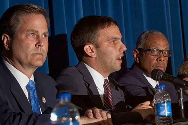 Among those at Tuesday night's primary debate for the First Congressional District were (from left) Democrats State Sen. Donald Norcross, Frank Broomell Jr., and Logan Township Mayor Frank Minor. Not pictured Republican candidate Claire Gustafson. The primary is scheduled for June 3, with two elections on Nov. 7