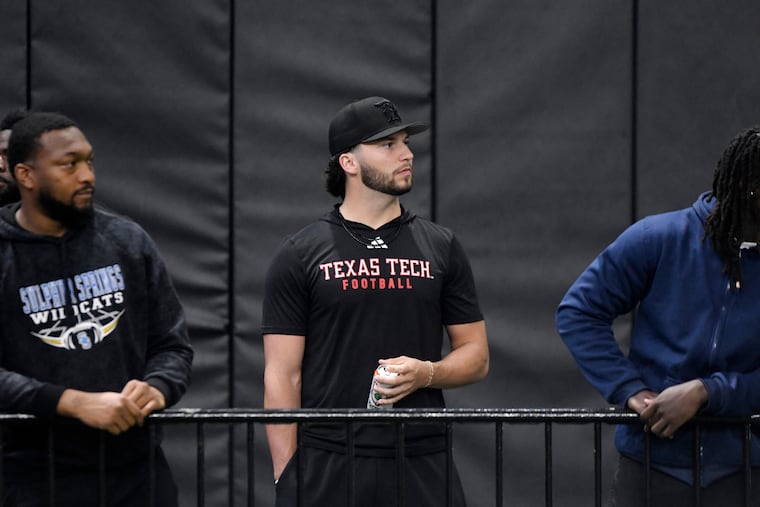 Texas Tech quarterback Brendan Sorsby watches the school's pro day on March 26 in Lubbock, Texas.