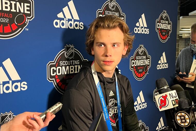 Finnish prospect Brad Lambert talks to the media on Saturday at the NHL draft combine.