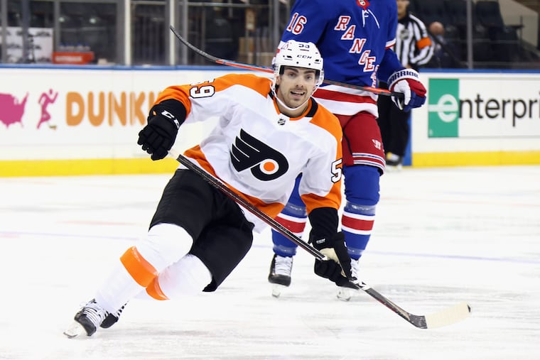 Flyers forward Jackson Cates skates in his NHL debut Friday against the Rangers.