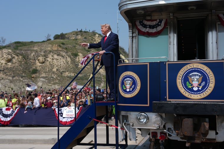 President Donald Trump arrives on the Freedom 250 train, Wednesday, July 1, 2026, in Medora, N.D., for the grand opening of the Theodore Roosevelt President Library. The opening was one of the events organized by Freedom 250.