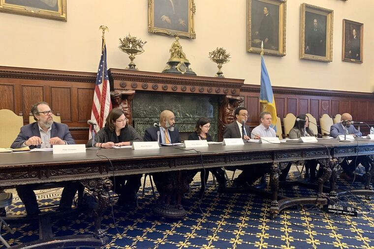 Mayor Jim Kenney's education nominating panel meets on Feb. 12, 2020 to submit 27 names for consideration to the Philadelphia school board. They are, left to right, Peter Gonzales, Maura McCarthy, Derren Magnum, Ivy Olesh, Wendell Pritchett, Michael Mullins, Kimberly Pham and Sean Vereen.