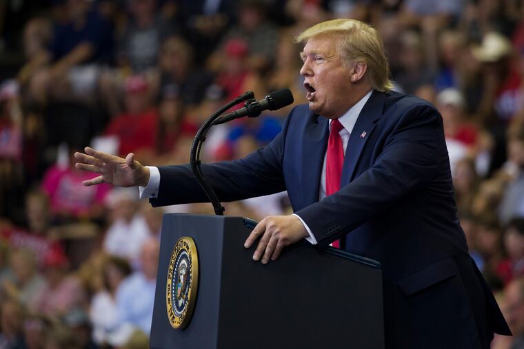 President Donald Trump speaks at a campaign rally Thursday, Aug. 1, 2019, in Cincinnati.