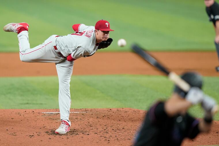 Phillies starter Kyle Gibson pitches to Miami's Jacob Stallings during the second inning Friday night.