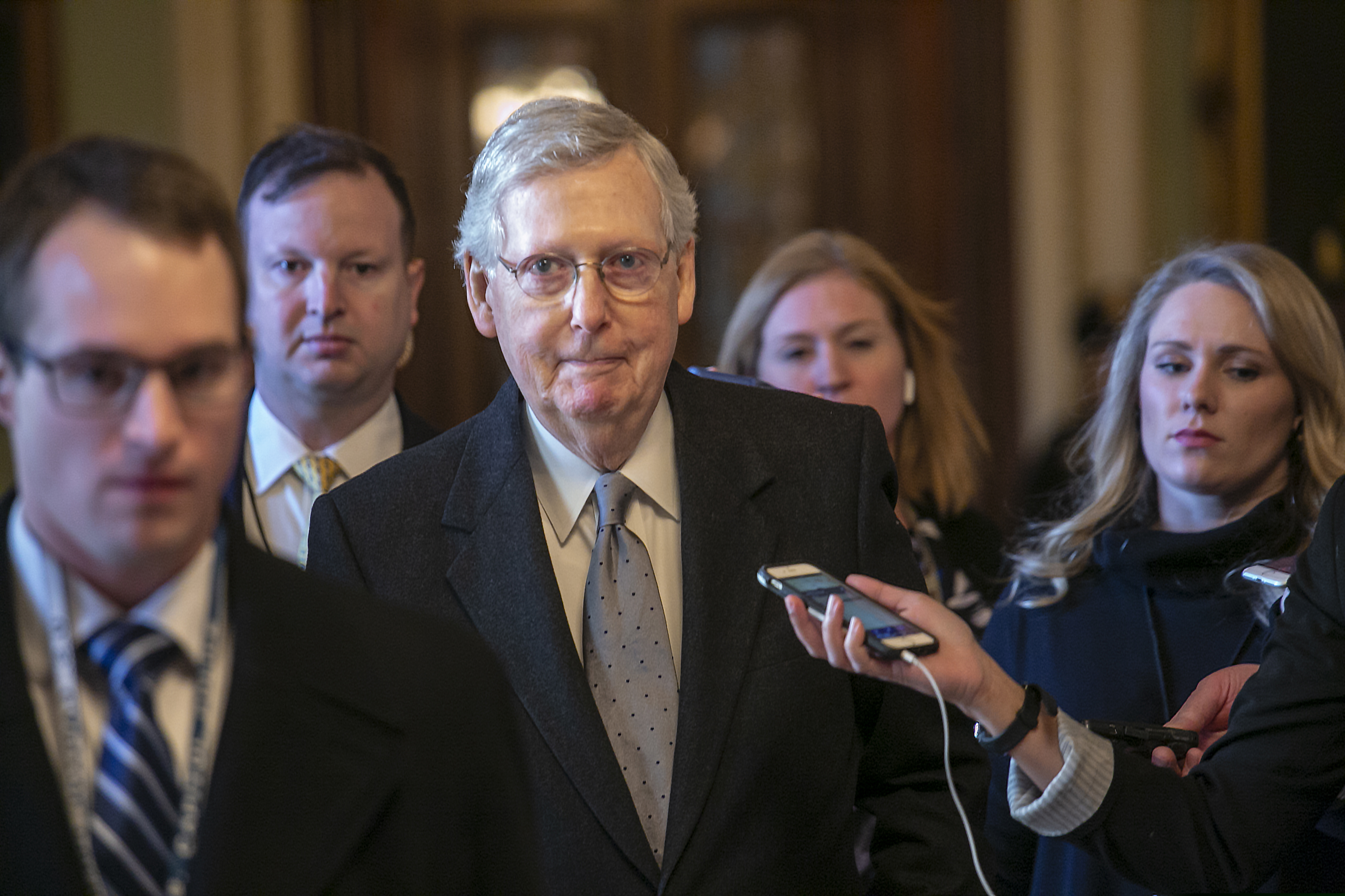 Senate Majority Leader Mitch McConnell (R., Ky.) leaves the chamber after speaking about his plan to move a 1,300-page spending measure, which includes $5.7 billion to fund President Donald Trump's proposed wall along the U.S.-Mexico border, the sticking point in the standoff between Trump and Democrats that has led to a partial government shutdown, at the Capitol in Washington, Tuesday, Jan. 22, 2019.