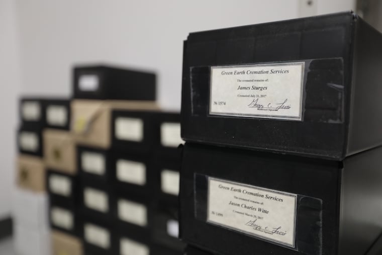 The cremated remains of dozens of unclaimed dead people are stored in these plastic boxes inside the Chester County Coroner's Office, in some cases for many years.