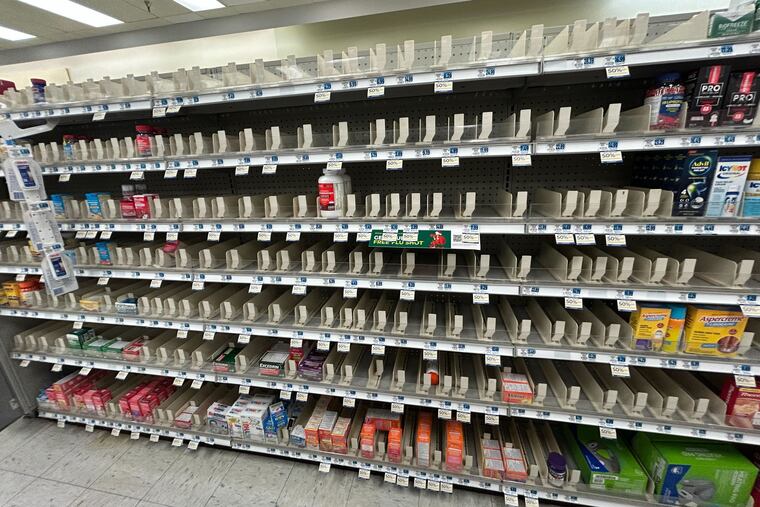 Entire sections of basic household items are decimated at the Wynnewood Rite Aid, one of about 100 that remain open in the Philadelphia area. Consumers from Delaware County to West Chester to Philadelphia have complained about low stock at their neighborhood store.