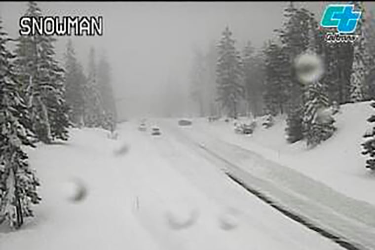 A stretch of California Highway 89 was closed due to heavy snow as seen by this traffic camera on Saturday. The storm out West could mean snow for the Philadelphia region later in the week.