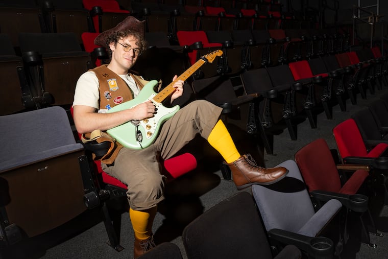 Kohl Pilgrim, the actor bringing Ben Franklin’s rock n’ roll persona to life, stands for a portrait inside the Fringe Arts Theatre during a dress rehearsal for the upcoming musical “The Sound of America” on Wednesday, June 24, 2026.