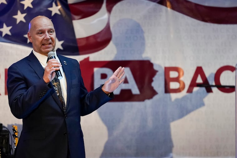 State Sen. Doug Mastriano (R., Franklin), the Republican candidate for governor of Pennsylvania, speaks at a primary night election gathering in Chambersburg, Pa., on May 17.