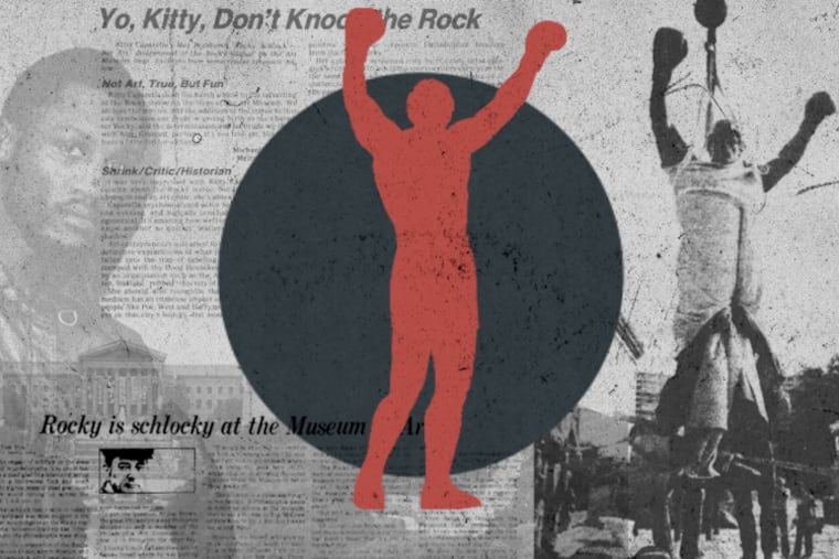 The Rocky statue, by A. Thomas Schomberg, was created for the 1982 movie Rocky III. The original version, presented by Sylvester Stallone to the City of Philadelphia after the filming, has moved all over, and now resides inside the Philadelphia Museum of Art. A second casting of the statue currently sits atop the famous Art Museum steps.