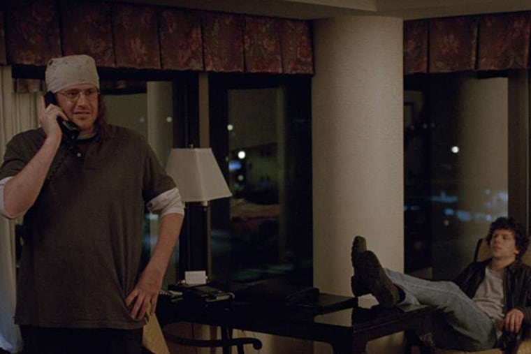 Jason Segel (left) in a breakout performance as acclaimed novelist David Foster Wallace, with Jesse Eisenberg as journalist David Lipsky. (A24 Films)