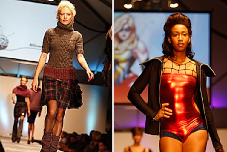 An outfit by Allison Montague (left) and a swimsuit were modeled at Saturday's Moore College of Art & Design Fashion Show. (Ron Cortes / Staff Photographer)