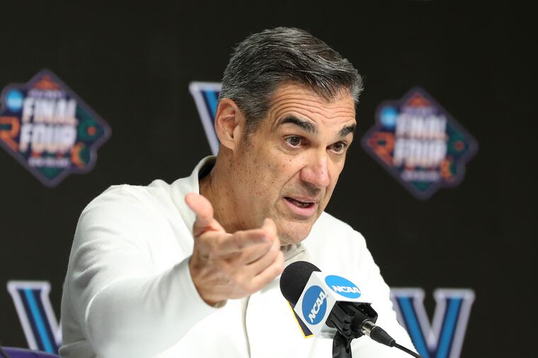 Villanova coach Jay Wright points meeting with the media in New Orleans on Thursday, March 31, 2022.