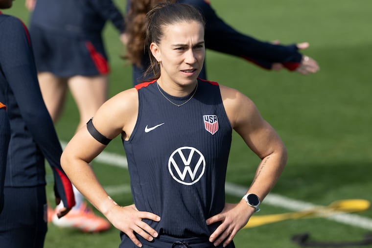 Sam Coffey on the field at Subaru Park during the U.S. women's soccer team's practice session Wednesday.