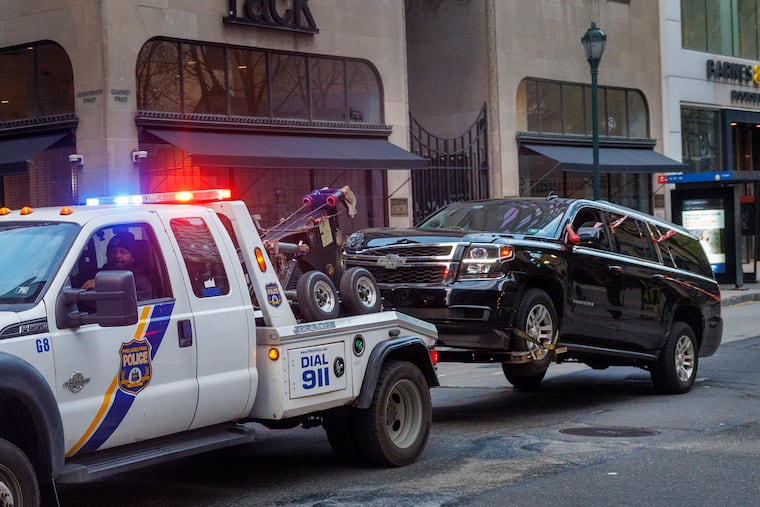 Philadelphia police tow truck removing an SUV from the scene of a Center City shooting near 17th and Chestnut St. on Wednesday.