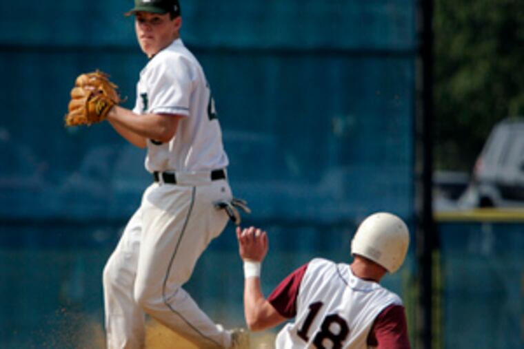 Aaron Haas of St. Joseph's Prep is out at second as Bonner's Dan Williams eyes first basein the first inning. Haas went 2 for 4 with an RBI and a run scored in the Hawks' victory.