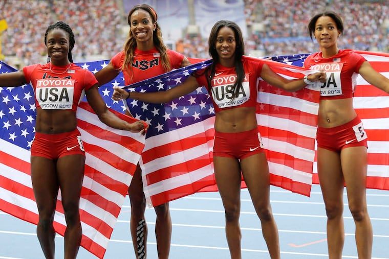 Ex-Eastern High star English Gardner of Voorhees is front and center with her relay teammates (from left) Jeneba Tarmoh, Alexandria Anderson, and Octavious Freeman.