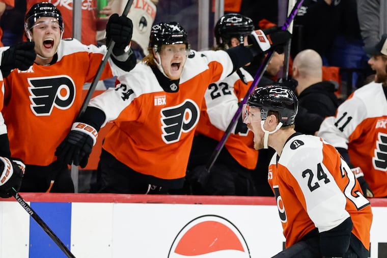 Flyers defenseman Nick Seeler celebrates a goal during the second period of Game 3 against the Pittsburgh Penguins.