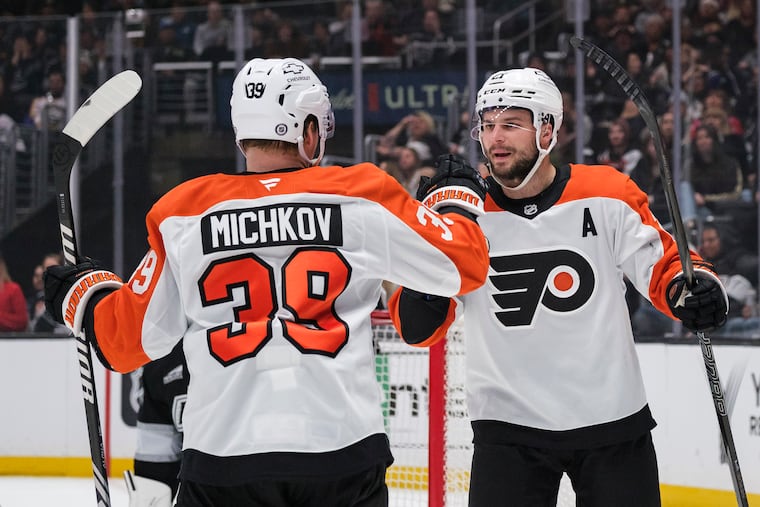 Scott Laughton and Matvei Michkov tallied two points apiece Sunday in their first game on a new line with Morgan Frost.