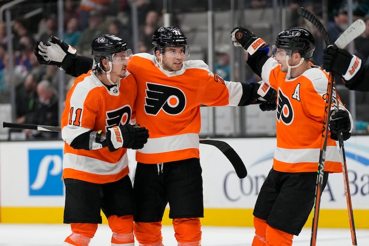 Flyers defenseman Tony DeAngelo (center) has four points (one goal, three assists) on the California road trip, including his overtime game-winner against the San Jose Sharks.