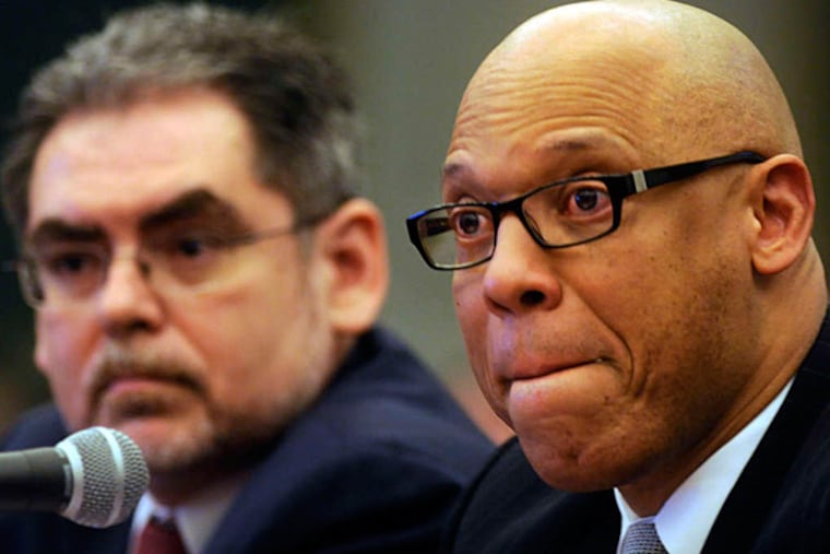 Philadelphia School District superintendent William Hite, Jr. (right) and School Reform Commission chairman Pedro Ramos testify before City Council April 29, 2013 about the dire financial plight of the school system and why the city should give the district $60 million more this year. ( TOM GRALISH / Staff Photographer )