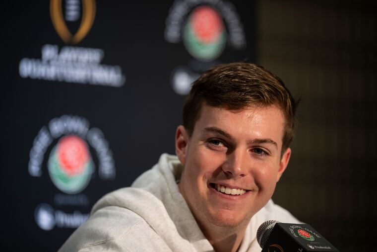 Ohio State quarterback Will Howard speaks to reporters during a Rose Bowl news conference in Los Angeles on Monday.