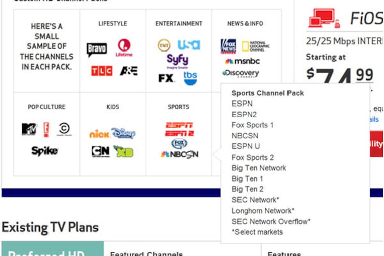 Verizon is offering a “skinny bundle” — a preset channel package plus a set of mini-bundles for customization. Other bundles can be bought.