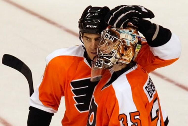 Sergei Bobrovsky (right) will be the Flyers' starting goaltender when the playoffs begin Thursday. (Ron Cortes/Staff file photo)
