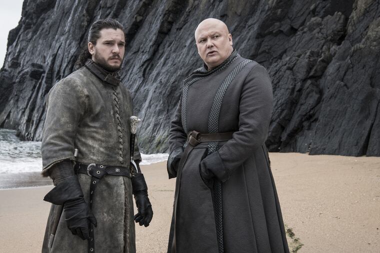 Kit Harrington as Jon Snow (left) and Conleth Hill as Lord Varys in the final season of "Game of Thrones." . Roughly 75 percent of the series was filmed on soundstages and in otherworldly locations around Northern Ireland.
