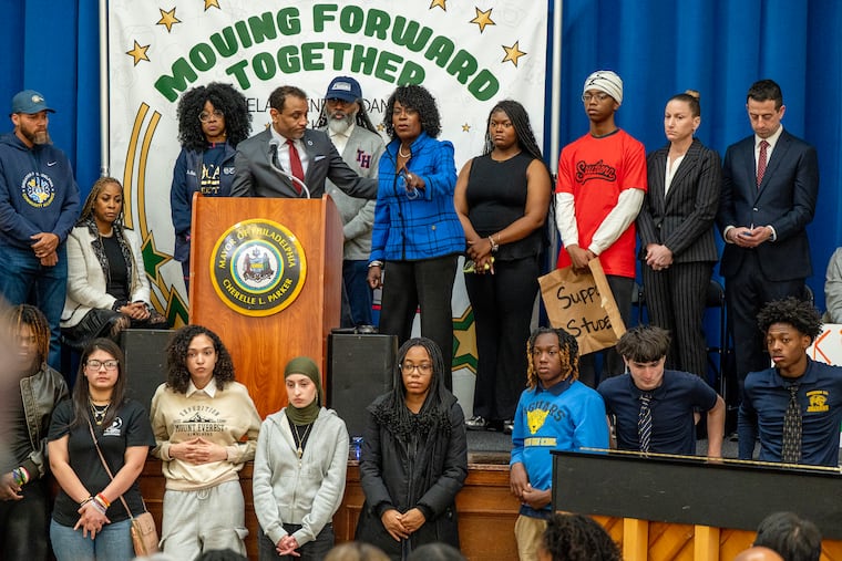 Mayor Cherelle L. Parker and Superintendent Tony B. Watlington Sr. speak at a March news conference announcing Parker's proposed $1-per-ride Uber tax.