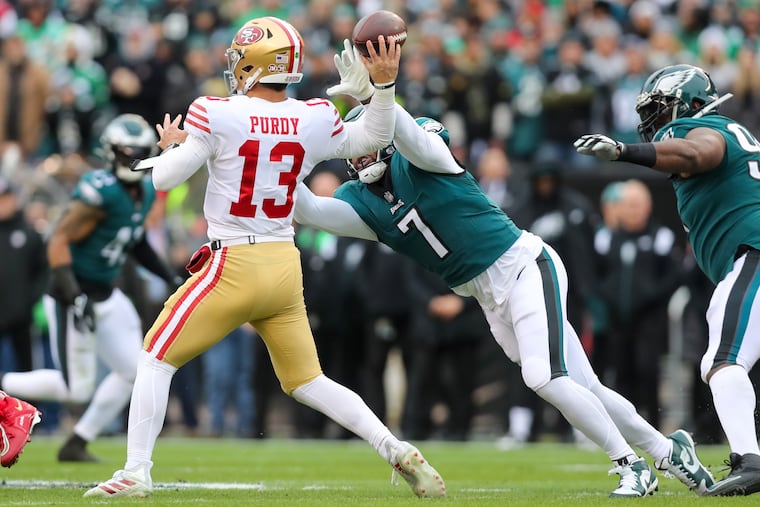 Eagles linebacker Haason Reddick applies pressure to San Francisco 49ers quarterback Brock Purdy in the NFC Championship game at Lincoln Financial Field on Jan. 29.