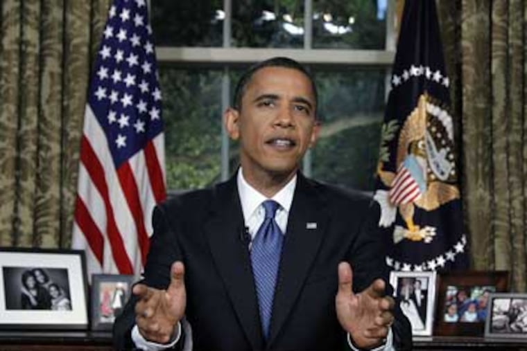 President Barack Obama delivers a televised address from the Oval Office of the White House in Washington, Tuesday June 15, 2010. (AP Photo/Alex Brandon)