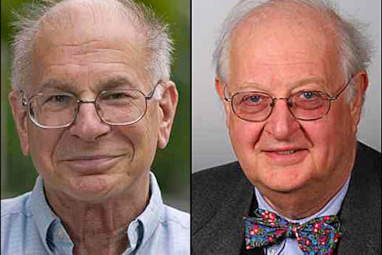 Princeton researchers Daniel Kahneman, left, and Angus Deaton looked both at how people evaluated their overall lives, and at factors that determined their well-being. (Jon Roemer)