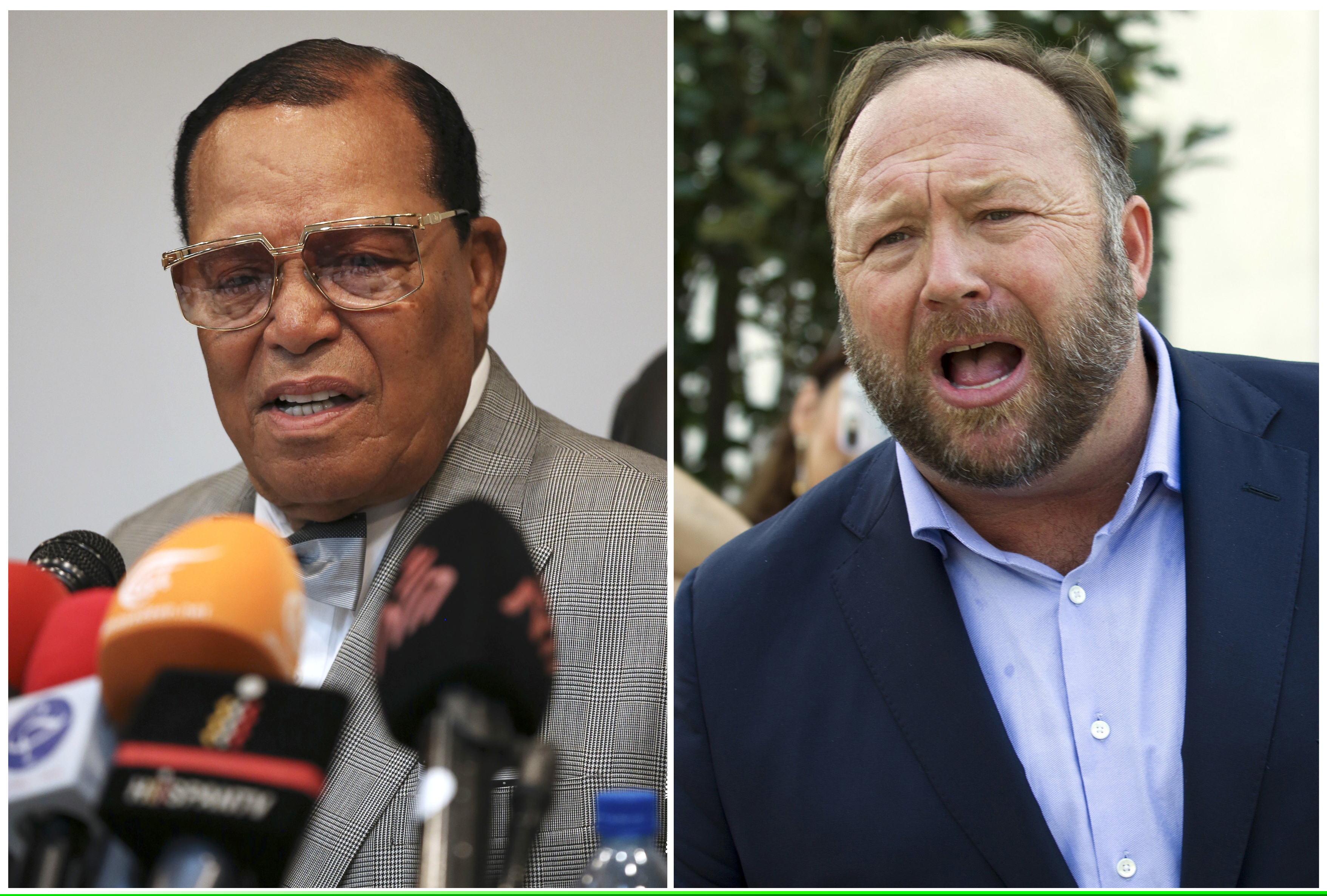 This combination of file photo shows minister Louis Farrakhan, the leader of the Nation of Islam, in Tehran, Iran, on Nov. 8, 2018, left, and conspiracy theorist Alex Jones in Washington on Sept. 5, 2018, right. Facebook has banned Louis Farrakhan, Alex Jones and others from its platform and from Instagram saying they violated its ban against hate and violence. The company said Thursday it has also banned extreme right-wing figures Paul Nehlen, Milo Yiannopoulos, Paul Joseph Watson, Laura Loomer and the conservative conspiracy site Infowars. Jones was already banned from Facebook but not from Instagram.