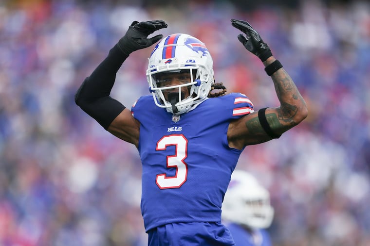 Buffalo Bills safety Damar Hamlin reacts after a play during the first half of the team's NFL football game against the Pittsburgh Steelers in 2022 in Orchard Park.