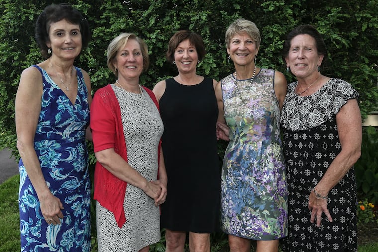 Members of the early St. Joseph's women's basketball team getting together at a recent wedding (from left): Chrissy McGoldrick Zabel, Mary Sue Garrity Simon, Muffet O'Brien McGraw, Mary Maley, and Kathy Langley.