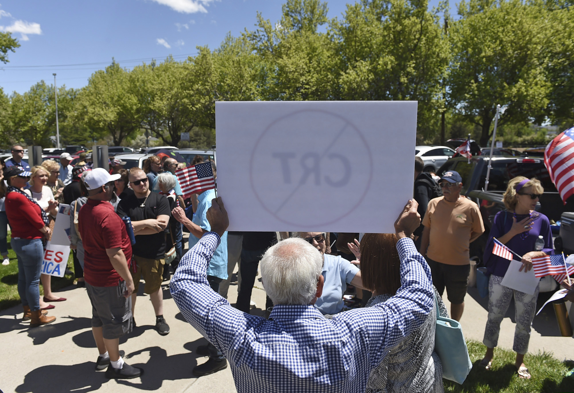 Protesters rally against the teaching of Critical Race Theory at a May demonstration outside a Washoe County School District board meeting in Reno, Nevada.