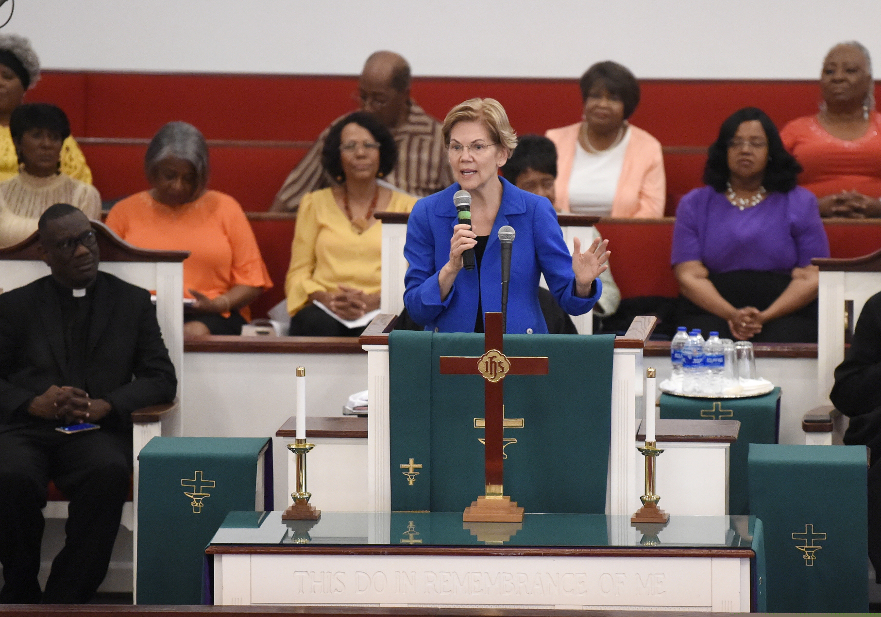 Democratic presidential hopeful Elizabeth Warren addresses congregants at Reid Chapel AME Church on Sunday, Aug. 18, 2019, in Columbia, S.C.