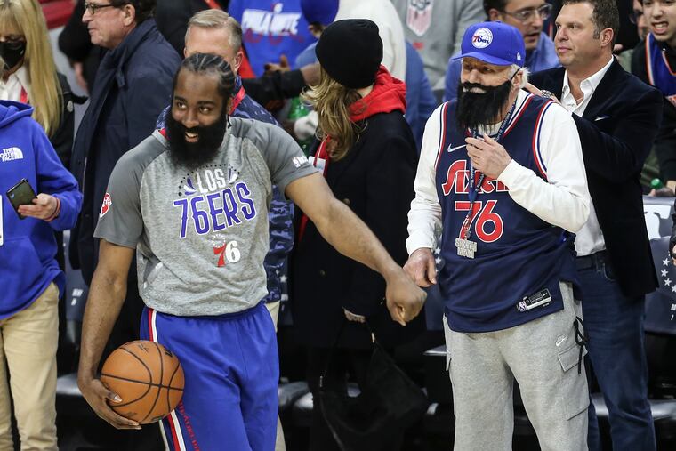 Sixers fan Alan Horwitz wearing a Harden beard with Sixers James Harden at right before his game with the Knicks at the Wells Fargo Center in Philadelphia, Wednesday, March 2, 2022.