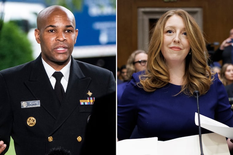 Then-Surgeon General Jerome Adams, left, in 2020 at the White House, and surgeon general nominee Casey Means at her Senate confirmation hearing on Feb. 25 at the Capitol.